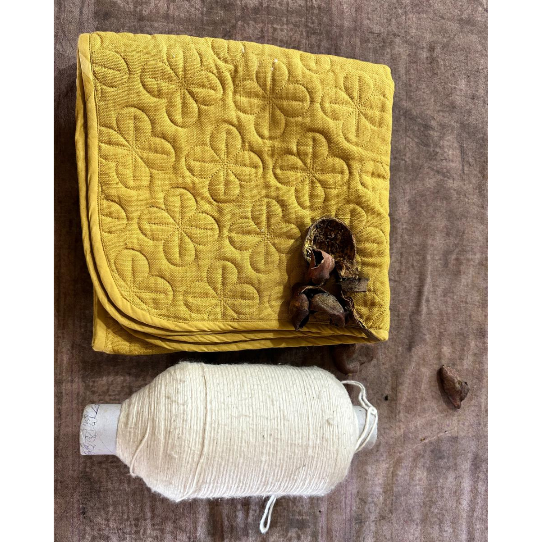 Kosmoh 'Anaar Chilka' herb-infused foldable Yoga & Meditation Mat - Sage Yellow, 100% Organic Handspun & Handwoven Khadi Cotton Yoga Mat I Sustainable & Eco-friendly