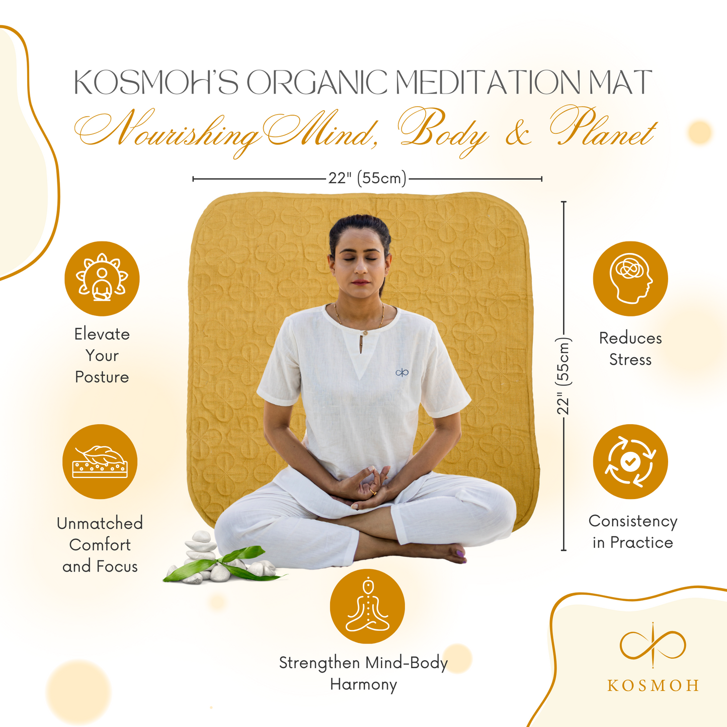 100% Kosmoh Organic Cotton Meditation Mat - YELLOW