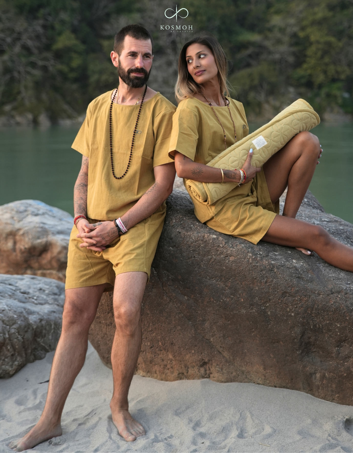 Kosmoh 100% Organic KHADI Yoga Shorts & Top Set ( Unisex )- Amber Yellow