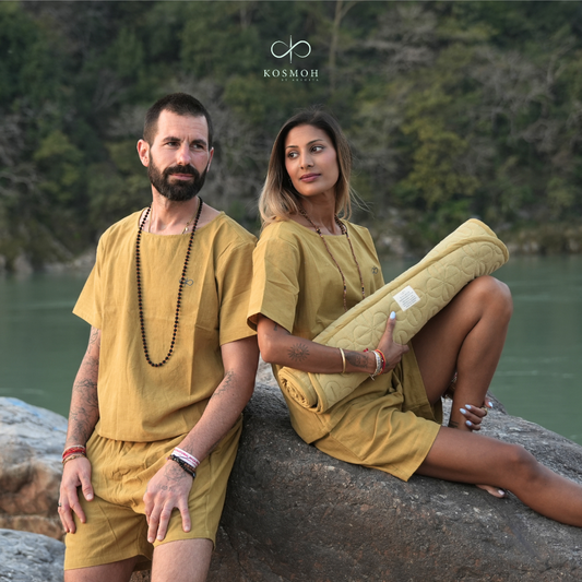 Kosmoh 100% Organic KHADI Yoga Shorts & Top Set ( Unisex )- Amber Yellow