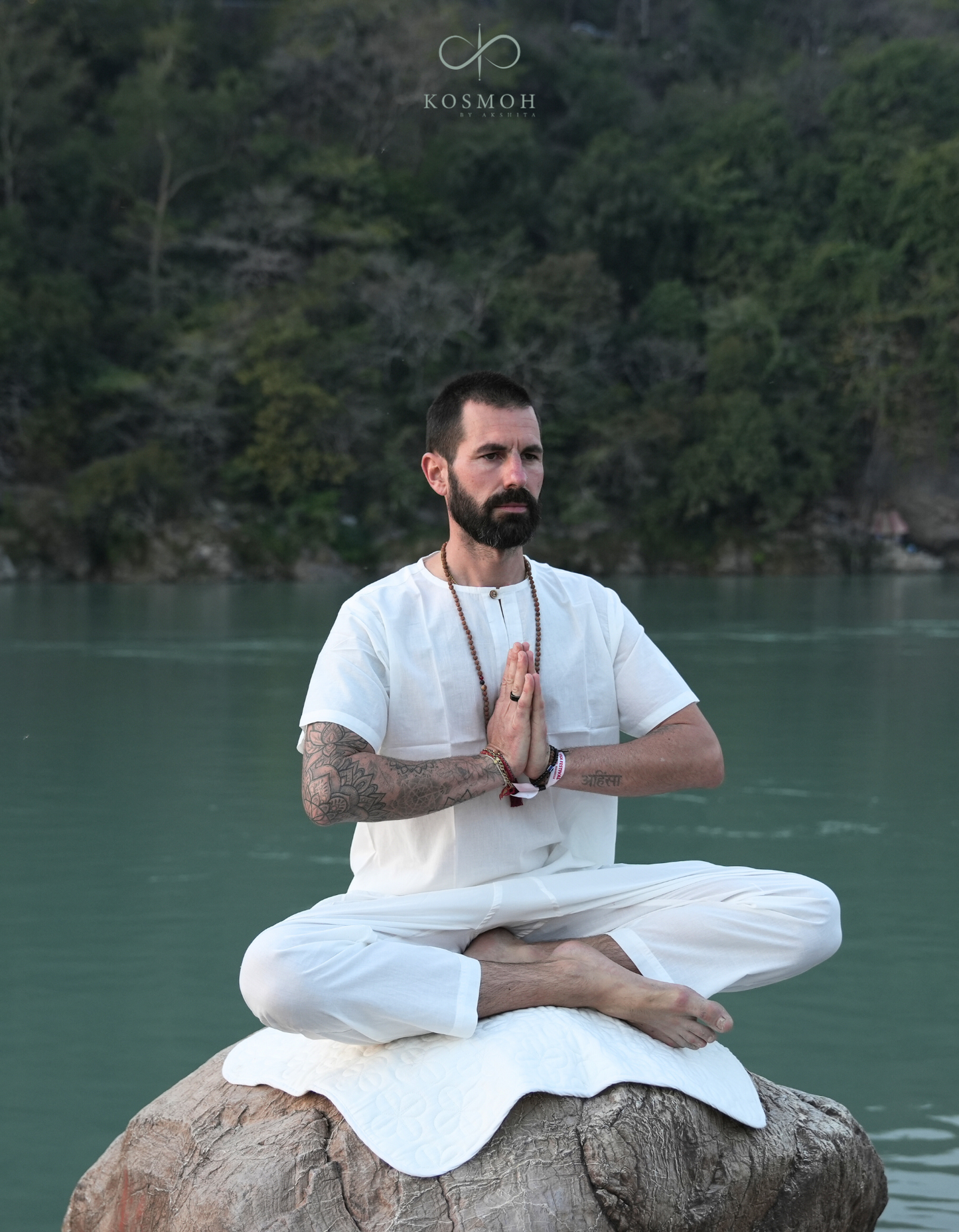 Kosmoh 100% Organic Mulmul Cotton Coord Set Unisex- Serene white " Shirt style " ( Set of top & pants )