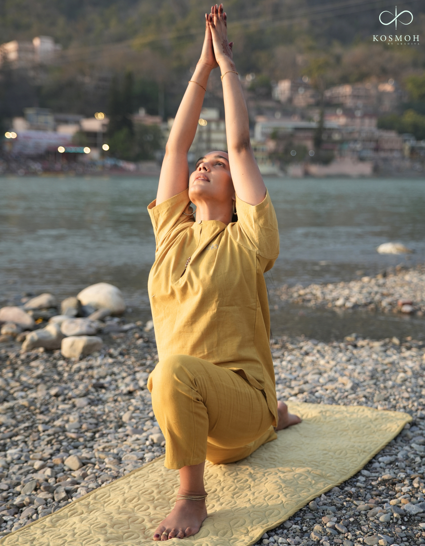 "Kosmoh 100% Organic KHADI Yoga Coord Set - Amber Yellow ( Set of top & yoga pants ) "