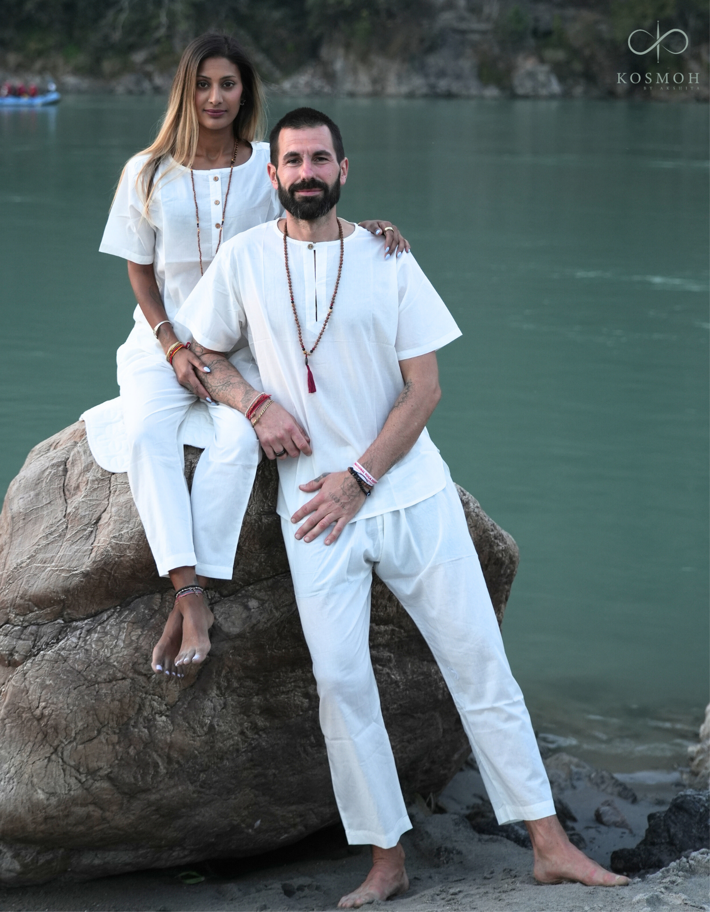 Kosmoh 100% Organic Mulmul Cotton Coord Set Unisex-Serene white (Keyhole neck design) ( Set of top & pants )