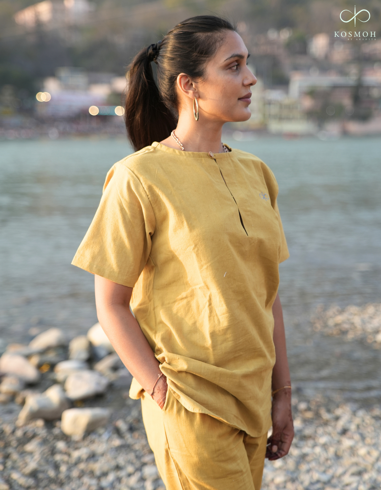 "Kosmoh 100% Organic KHADI Yoga Coord Set - amber yellow ( Set of top & yoga pants ) "