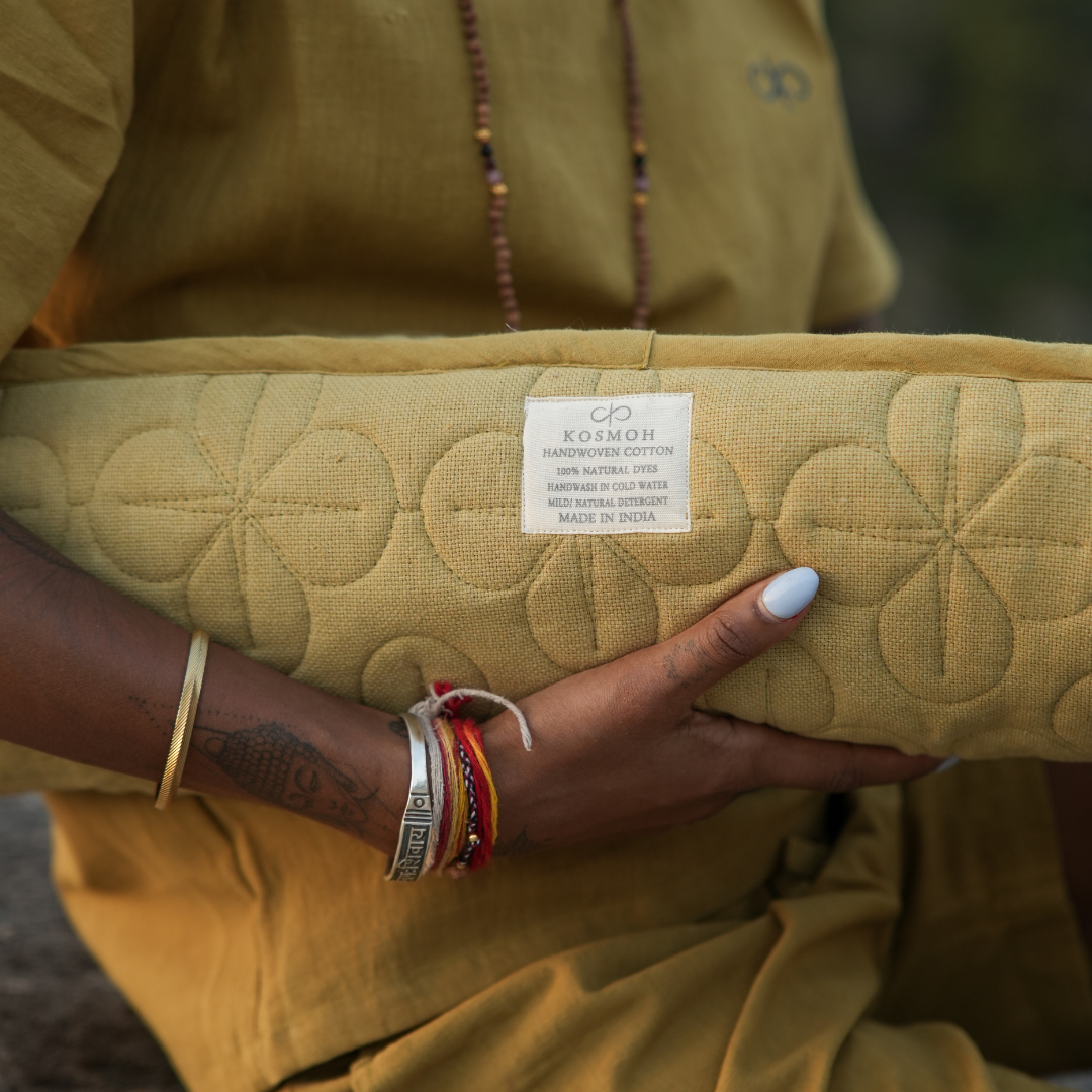 Kosmoh 'Anaar Chilka' herb-infused foldable Yoga & Meditation Mat - Sage Yellow, 100% Organic Handspun & Handwoven Khadi Cotton Yoga Mat I Sustainable & Eco-friendly