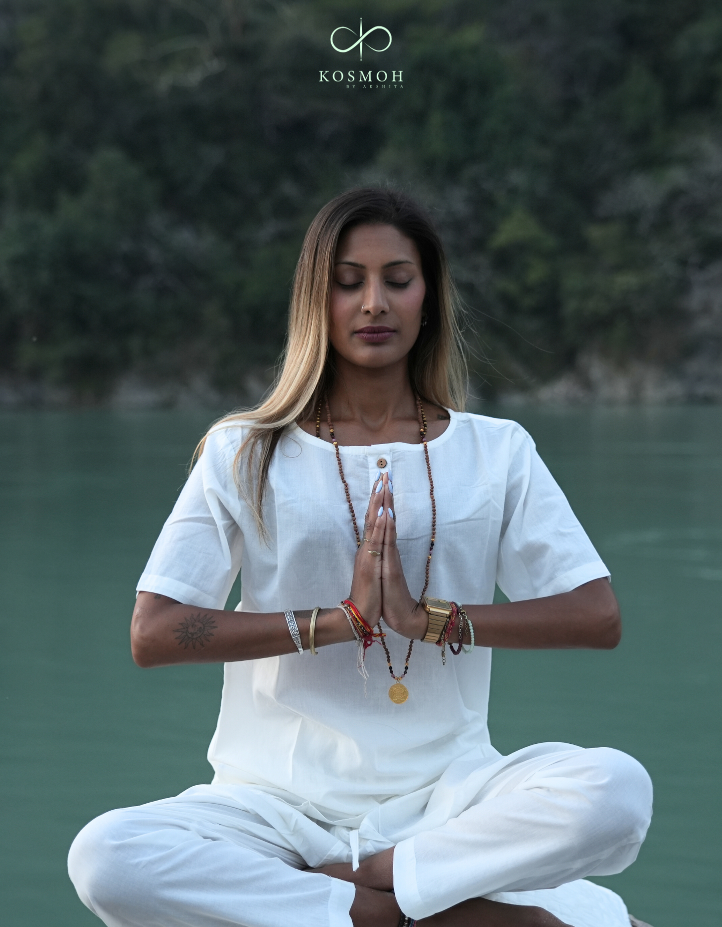 Kosmoh 100% Organic Mulmul Cotton Coord Set Unisex-Serene white (3 button placket neck design) ( Set of top & pants )