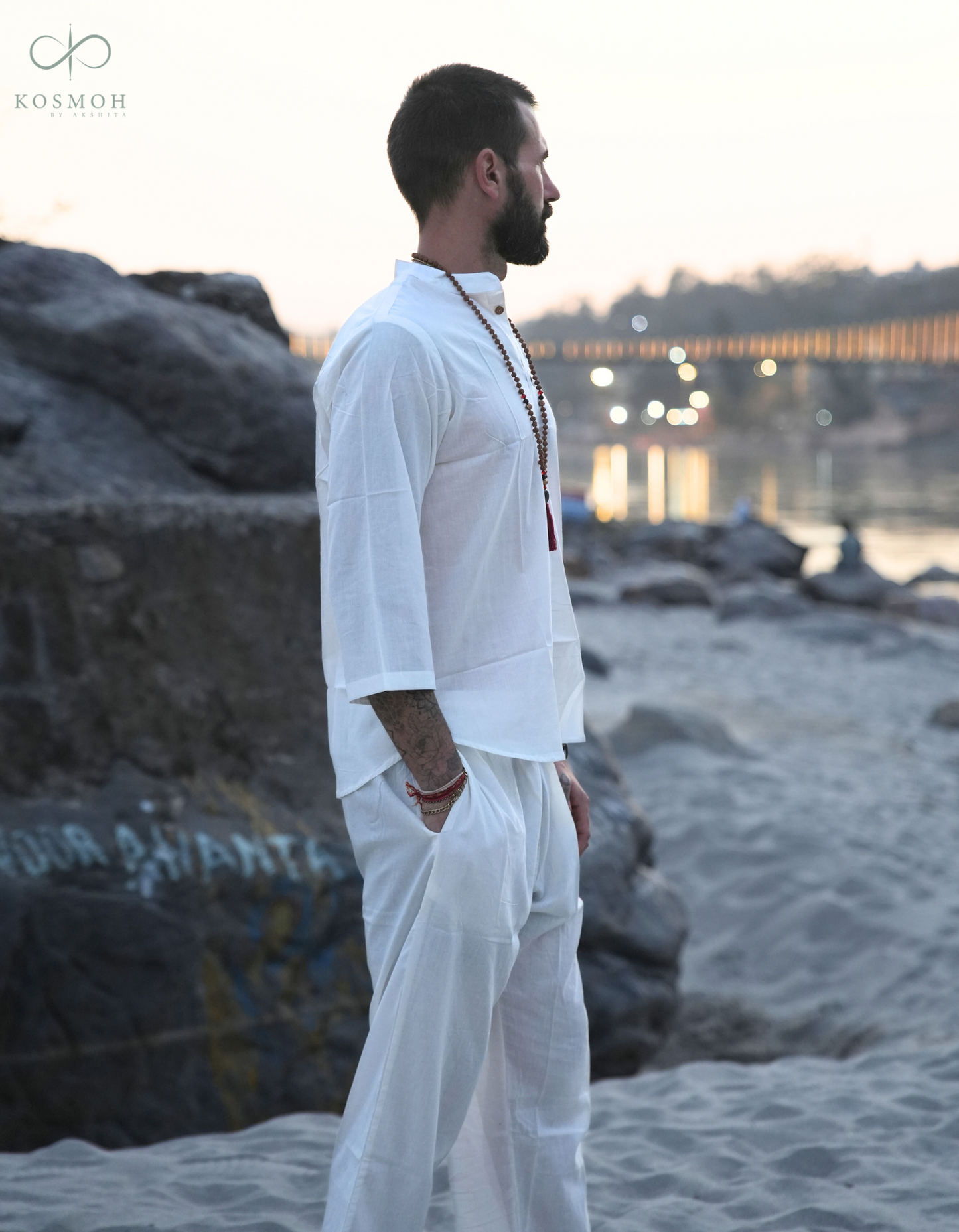 Kosmoh 100% Organic Mulmul Cotton Coord Set Unisex- Serene white " Shirt style "  ( Set of top & pants )