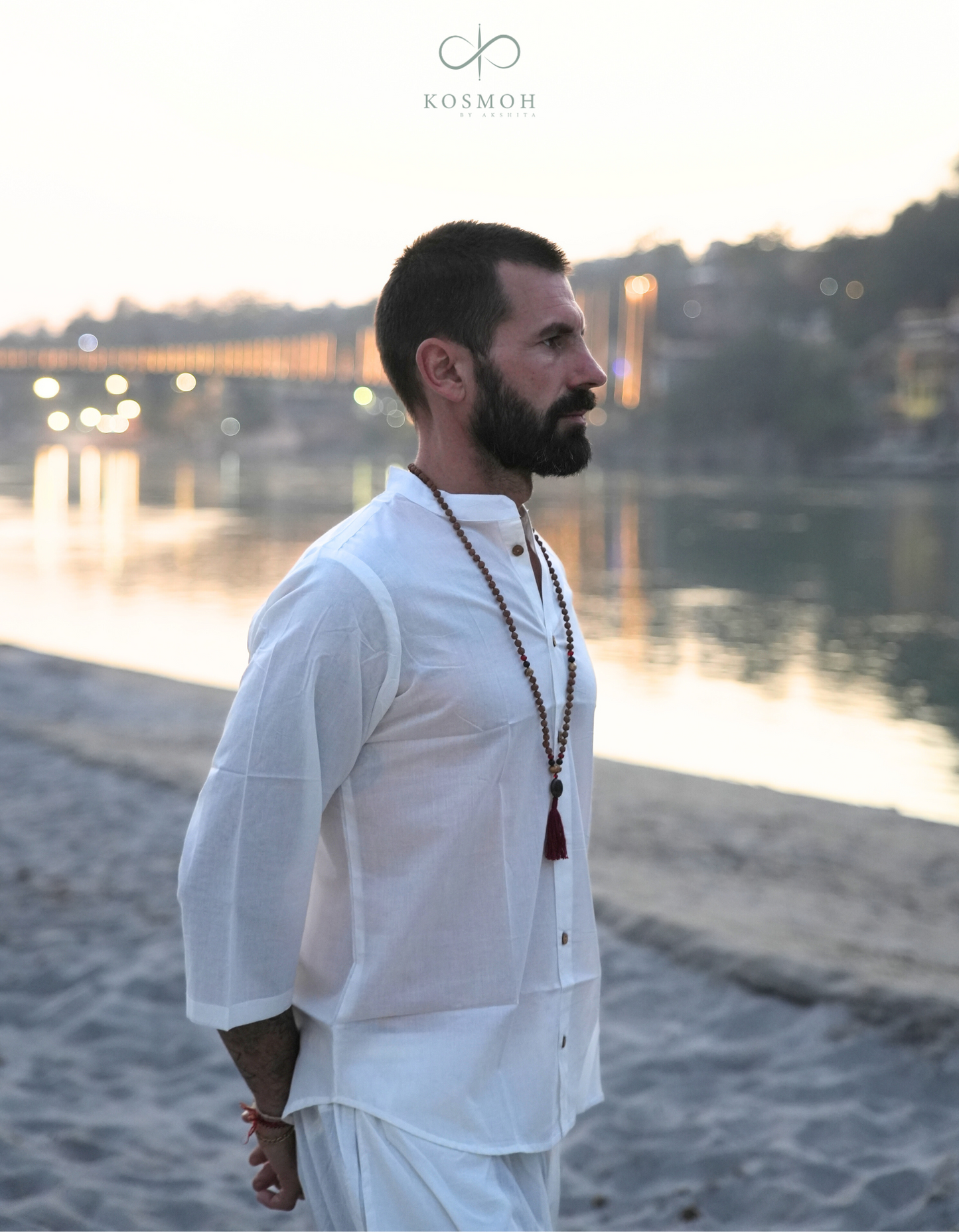 Kosmoh 100% Organic Mulmul Cotton Coord Set Unisex- Serene white " Shirt style " ( Set of top & pants )