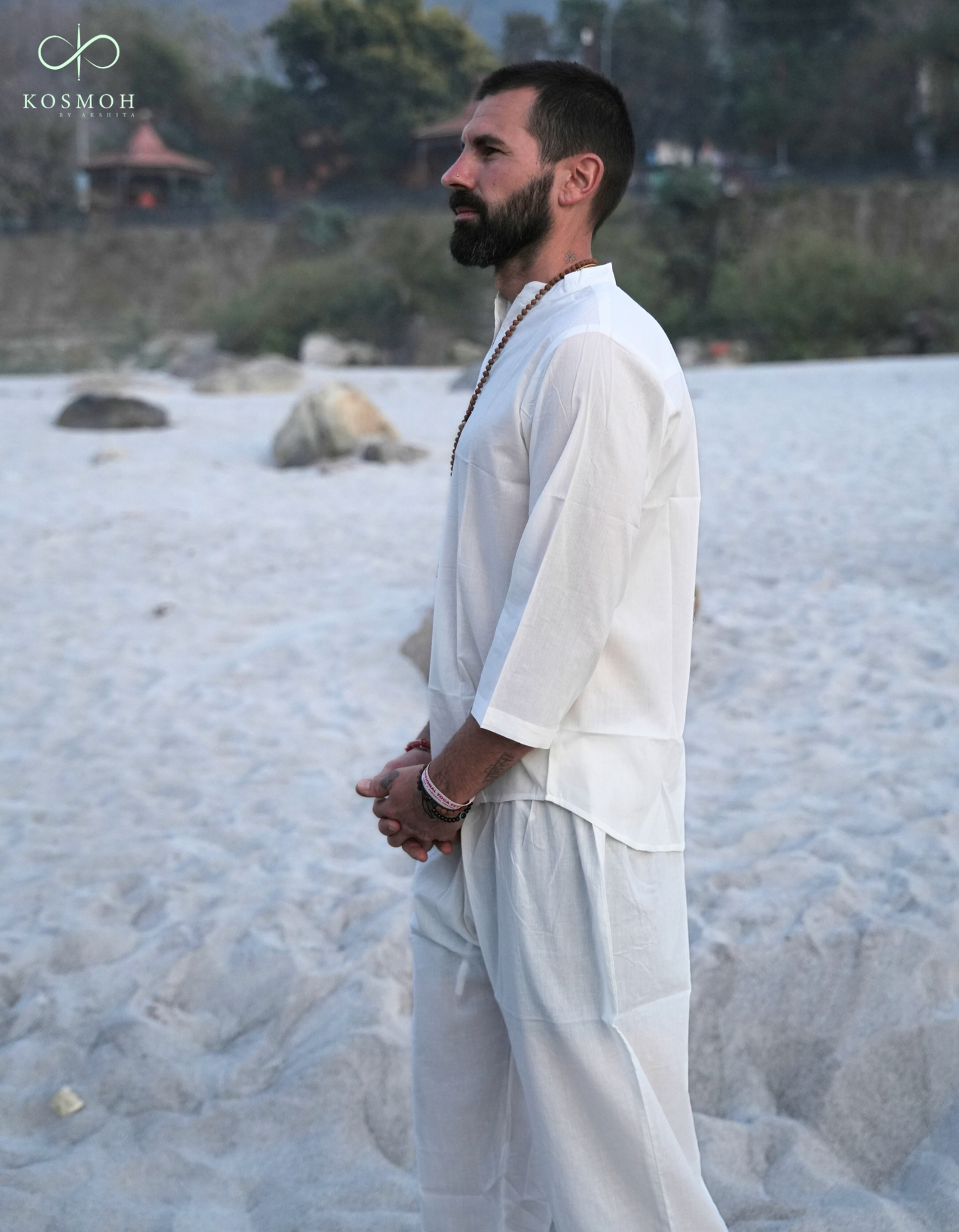 Kosmoh 100% Organic Mulmul Cotton Coord Set Unisex- Serene white " Shirt style " ( Set of top & pants )