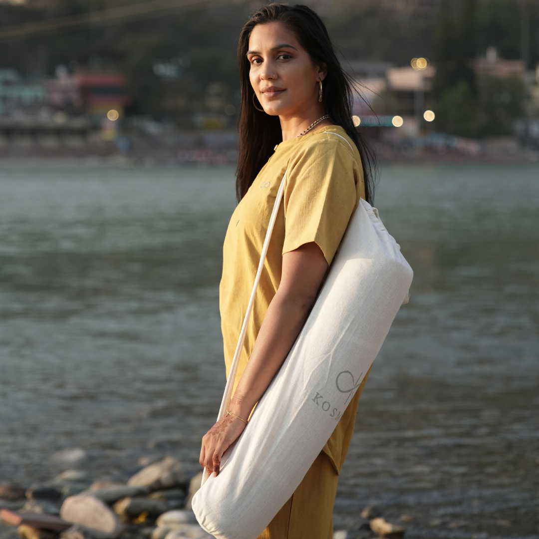 Kosmoh 'Anaar Chilka' herb-infused foldable Yoga & Meditation Mat - Sage Yellow, 100% Organic Handspun & Handwoven Khadi Cotton Yoga Mat I Sustainable & Eco-friendly