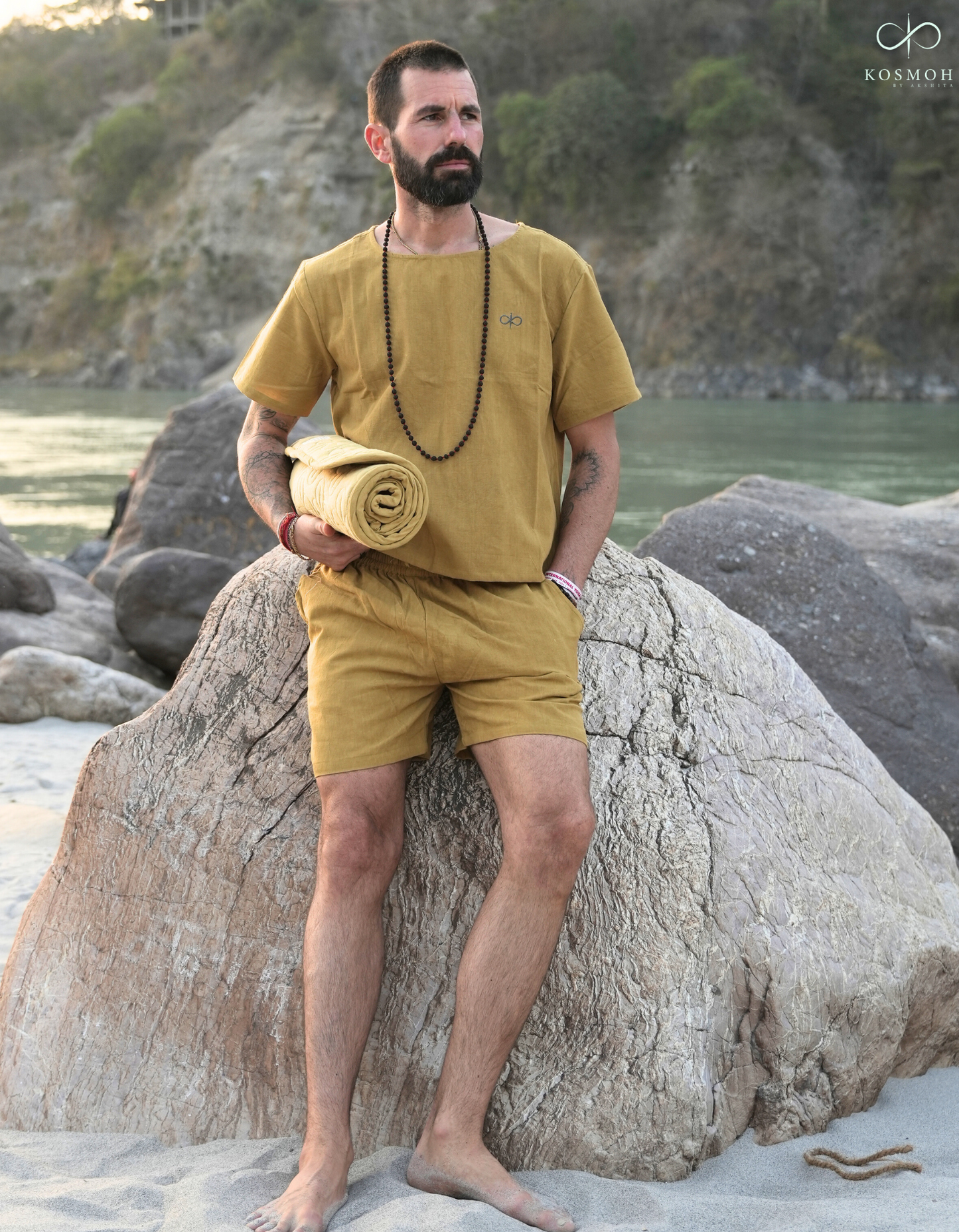 Kosmoh 100% Organic KHADI Yoga Shorts & Top Set ( Unisex )- Amber Yellow