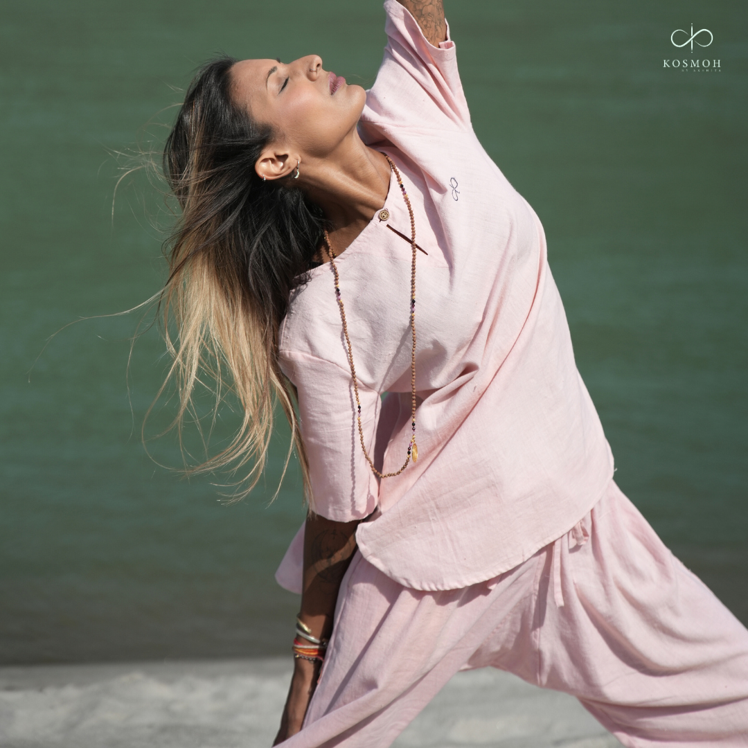 "Kosmoh 100% Organic KHADI Yoga Coord Set - Moonlit Gray ( Set of top & yoga pants ) - Female "