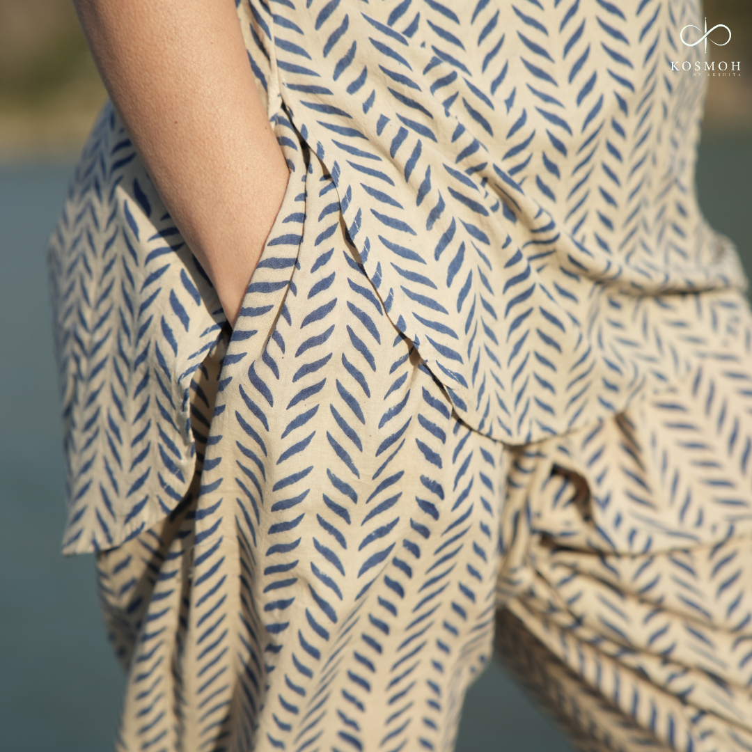 "Kosmoh 100% Organic Cotton Coord Set - Midnight Blue- Handblock printing ( Set of top & pants ) "