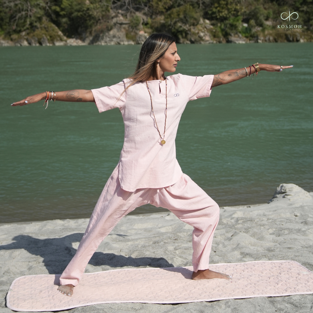 "Kosmoh 100% Organic KHADI Coord Set - dreamy Pink ( Set of top & yoga pants ) "