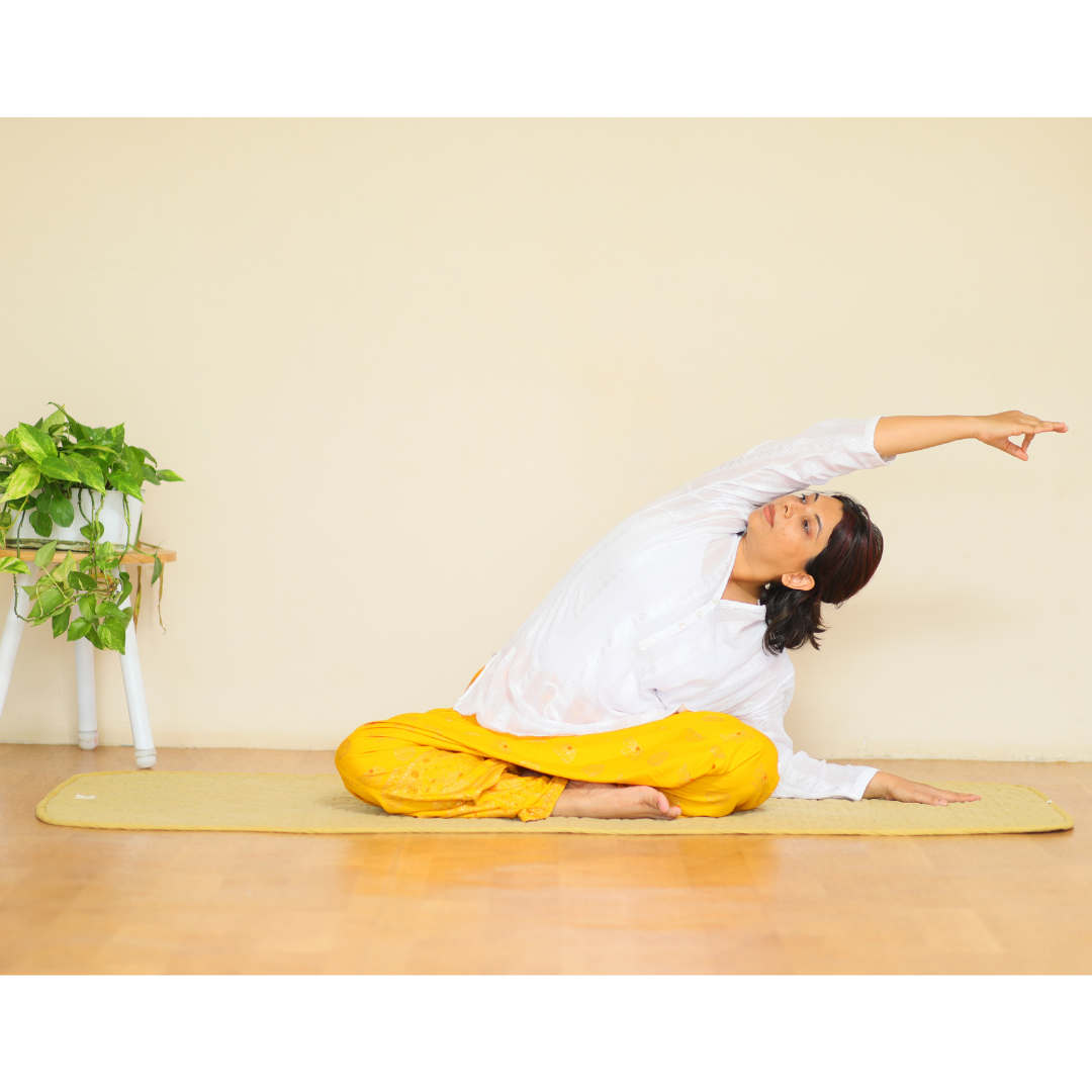 Kosmoh 'Anaar Chilka' herb-infused foldable Yoga & Meditation Mat - Sage Yellow, 100% Organic Handspun & Handwoven Khadi Cotton Yoga Mat I Sustainable & Eco-friendly