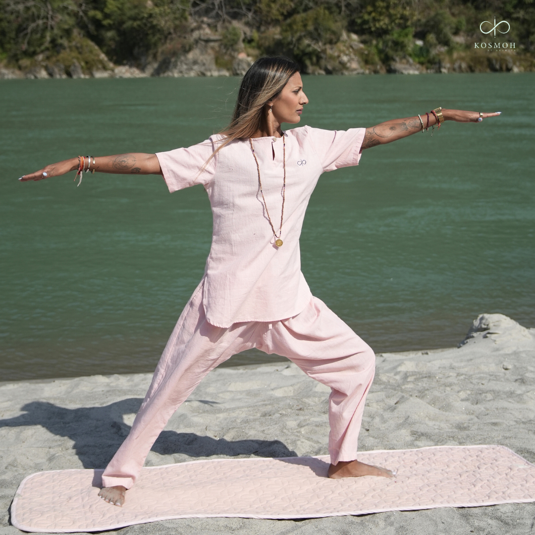 "Kosmoh 100% Organic KHADI Coord Set - dreamy Pink  ( Set of top & yoga pants ) "