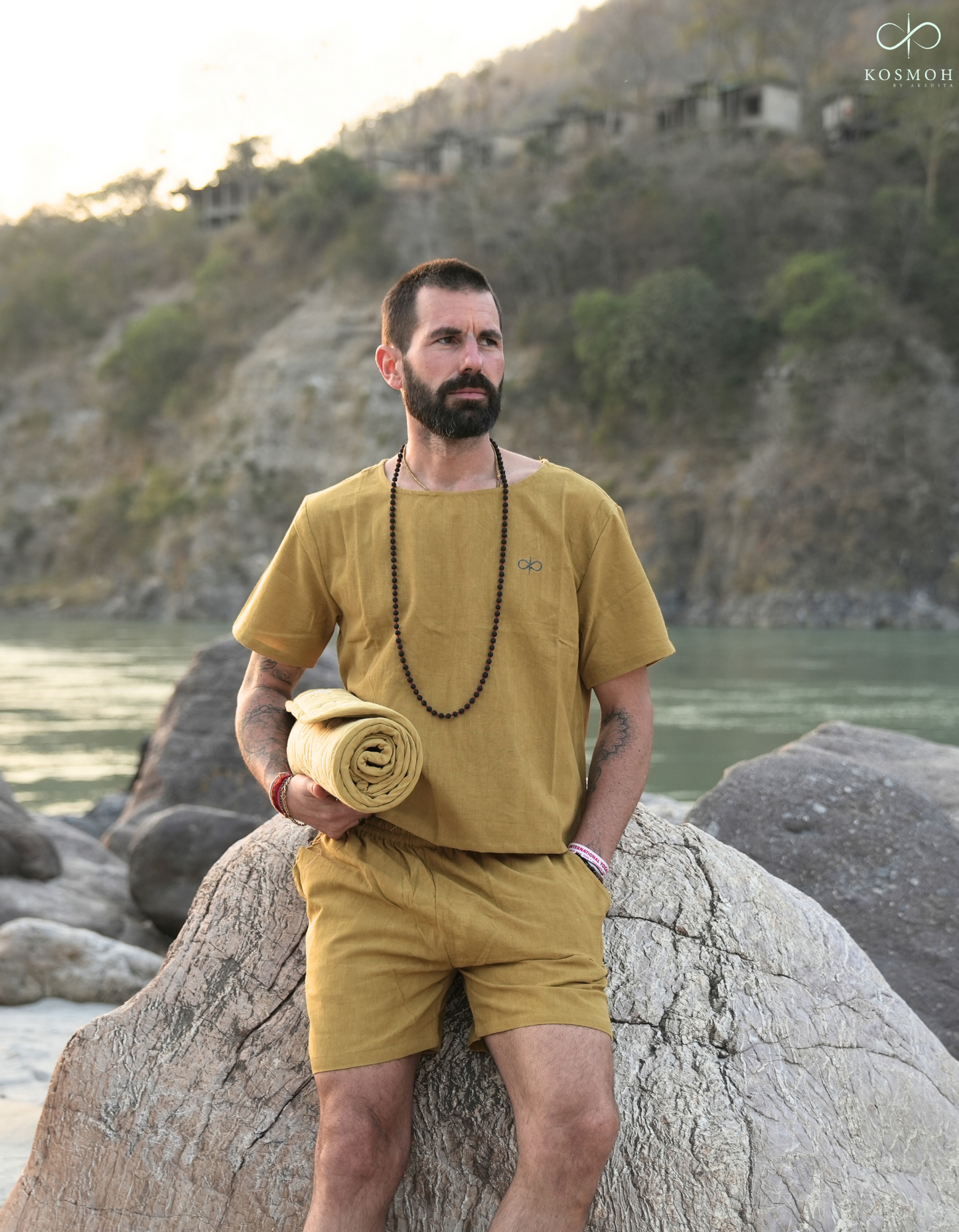 Kosmoh 100% Organic KHADI Yoga Shorts & Top Set ( Unisex )- Amber Yellow