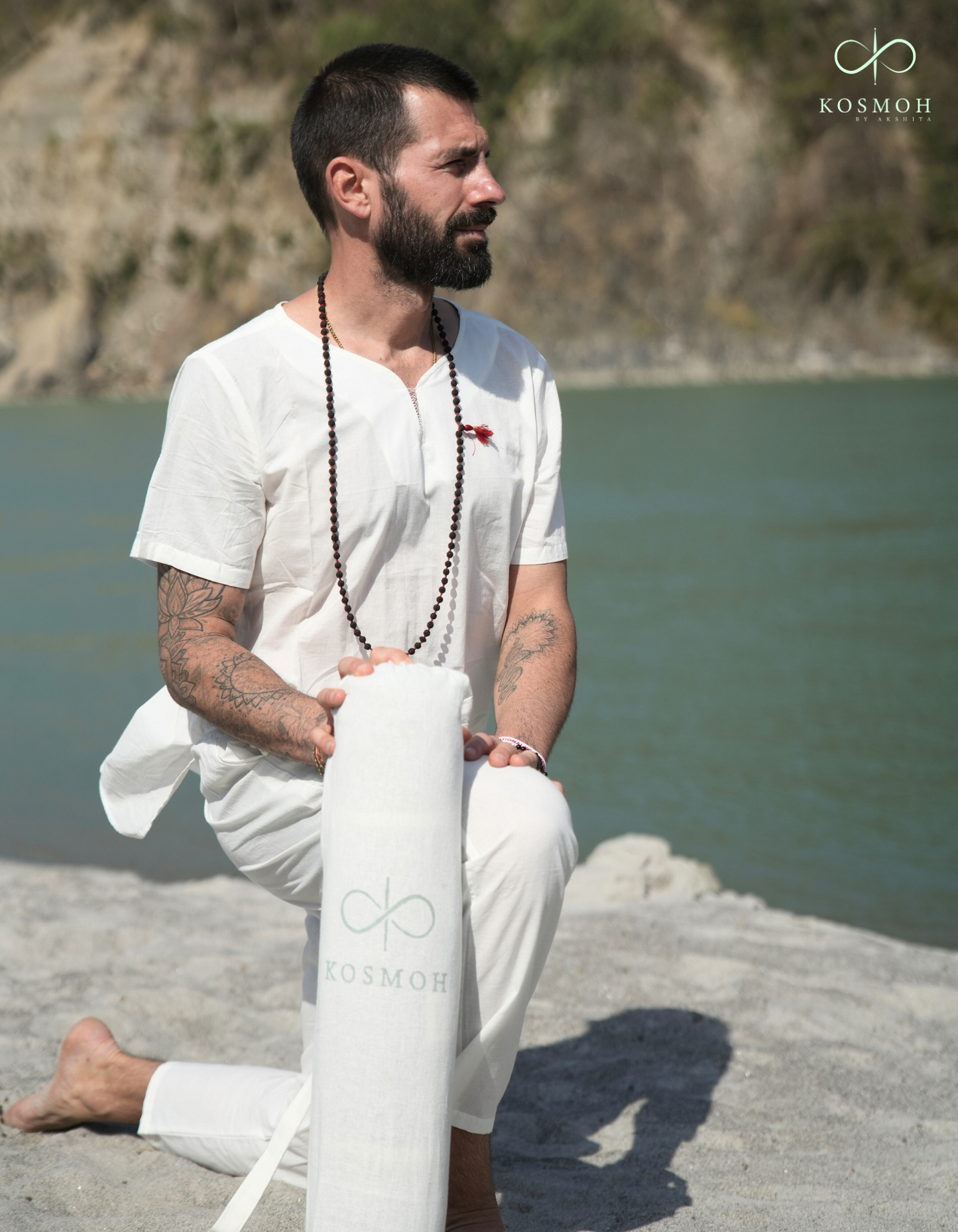 Kosmoh 100% Organic Mulmul Cotton Coord Set Unisex- Serene white " Shirt style " ( Set of top & pants )