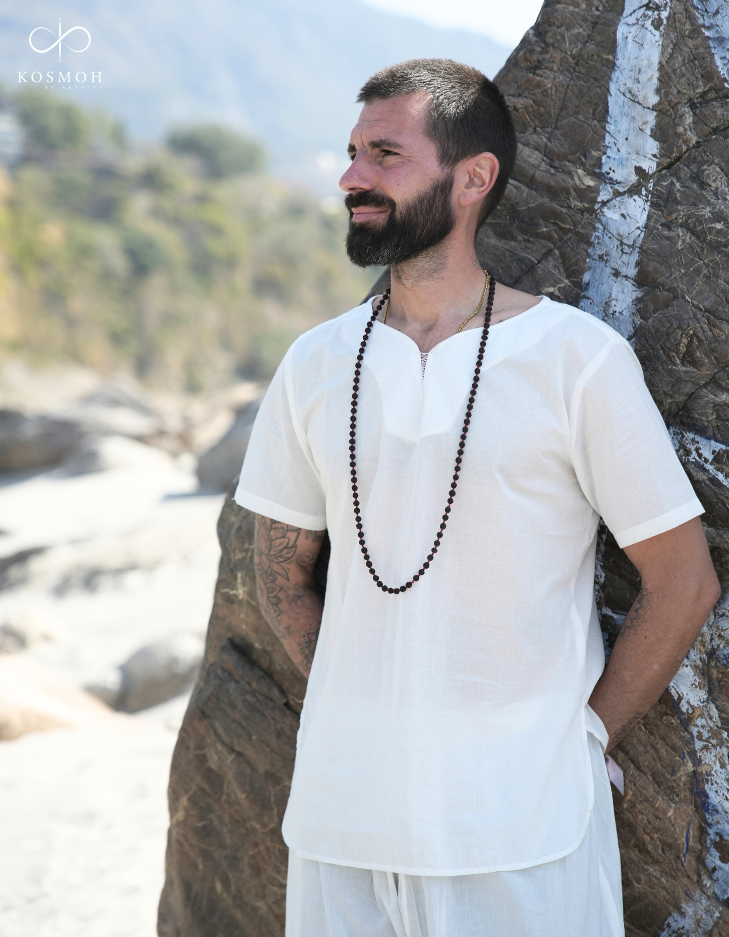 Kosmoh 100% Organic Mulmul Cotton Coord Set Unisex- Serene white (Thread stitch neck design)( Set of top & pants )
