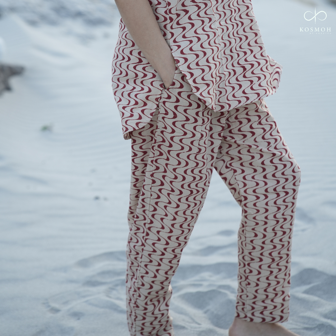 "Kosmoh 100% Organic Cotton Coord Set - Deep maroon - Tranquility waves ( Set of top & pants ) "