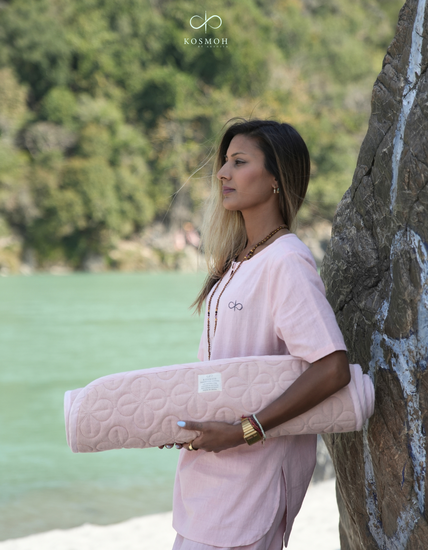 Kosmoh 'Manjistha' herb-infused foldable Yoga & Meditation Mat - Dreamy Pink, 100% Organic Handspun & Handwoven Khadi Cotton Yoga Mat I Sustainable & Eco-friendly mat