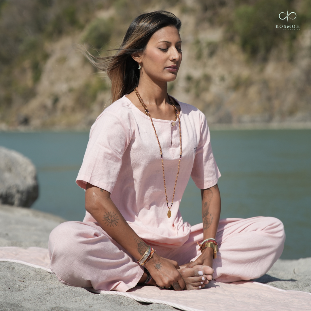 "Kosmoh 100% Organic KHADI Coord Set - dreamy Pink  ( Set of top & yoga pants ) "