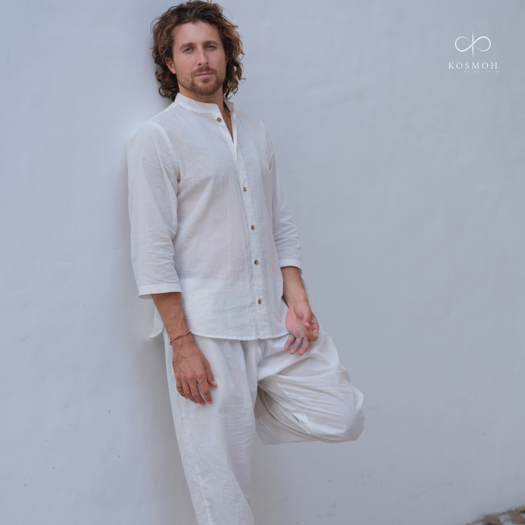 Kosmoh Serene White Coord set- pure cotton meditation & yoga wear, Unisex