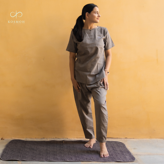 "Kosmoh 100% Organic KHADI Yoga Coord Set - moonlit gray ( Set of top & yoga pants ) - Female "