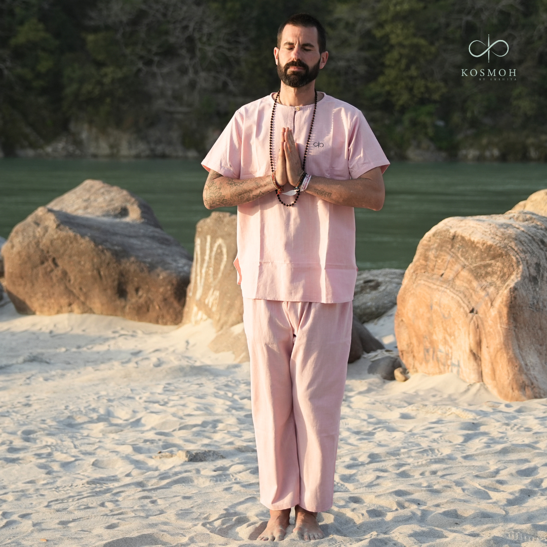 "Kosmoh 100% Organic KHADI Yoga Coord Set - Moonlit Gray ( Set of top & yoga pants ) - Male  "