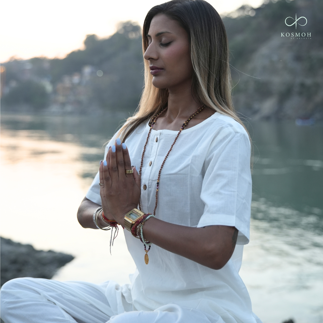 Kosmoh 100% Organic Mulmul Cotton Coord Set Unisex-Serene white (3 button placket neck design) ( Set of top & pants )