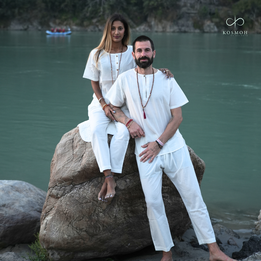 Kosmoh 100% Organic Mulmul Cotton Coord Set Unisex-Serene white (Keyhole neck design) ( Set of top & pants )