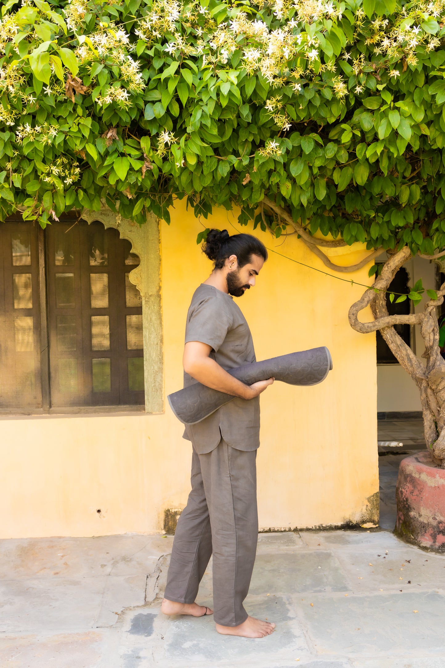 "Kosmoh 100% Organic KHADI Yoga Coord Set - Moonlit Gray ( Set of top & yoga pants ) - Male "