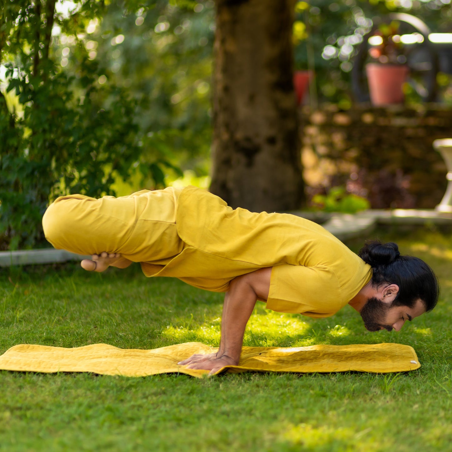 "Kosmoh 100% Organic KHADI Yoga Coord Set - Amber Yellow ( Set of top & yoga pants ) - Male "