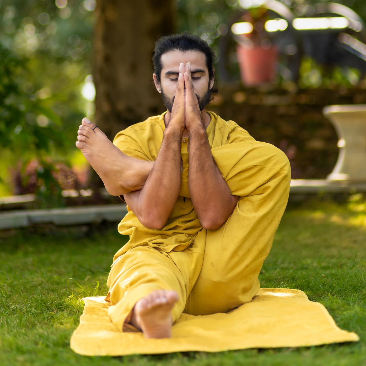 "Kosmoh 100% Organic KHADI Yoga Coord Set - Amber Yellow ( Set of top & yoga pants ) - Male  "