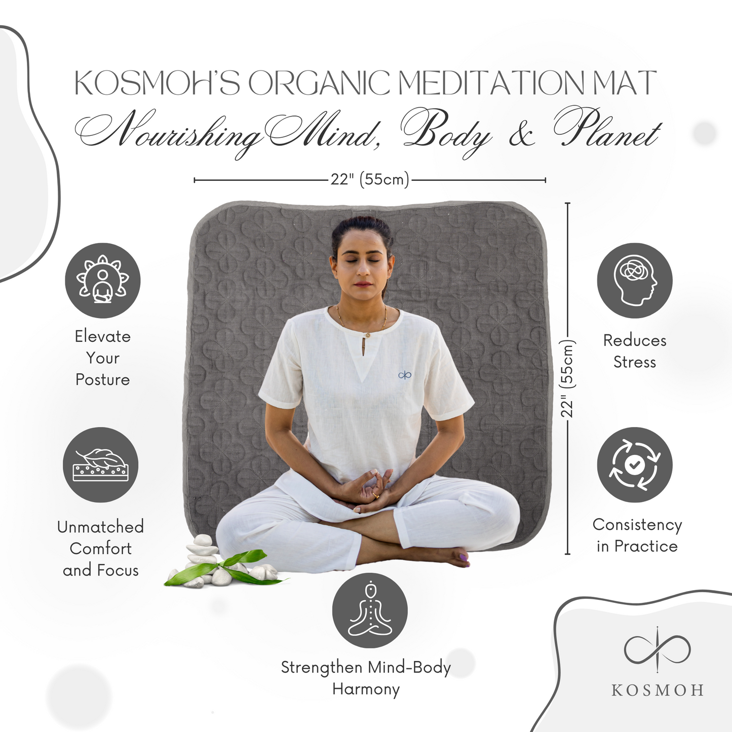 100% Kosmoh Organic Cotton Meditation Mat - GREY