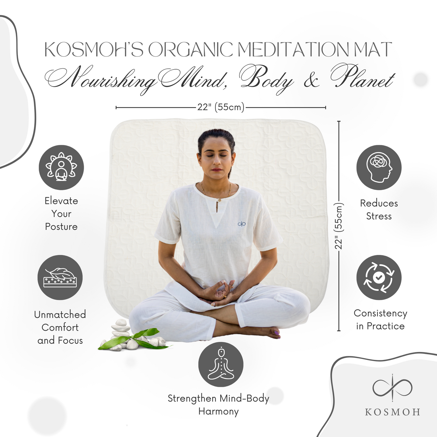 100% Kosmoh Organic Cotton Meditation Mat - WHITE