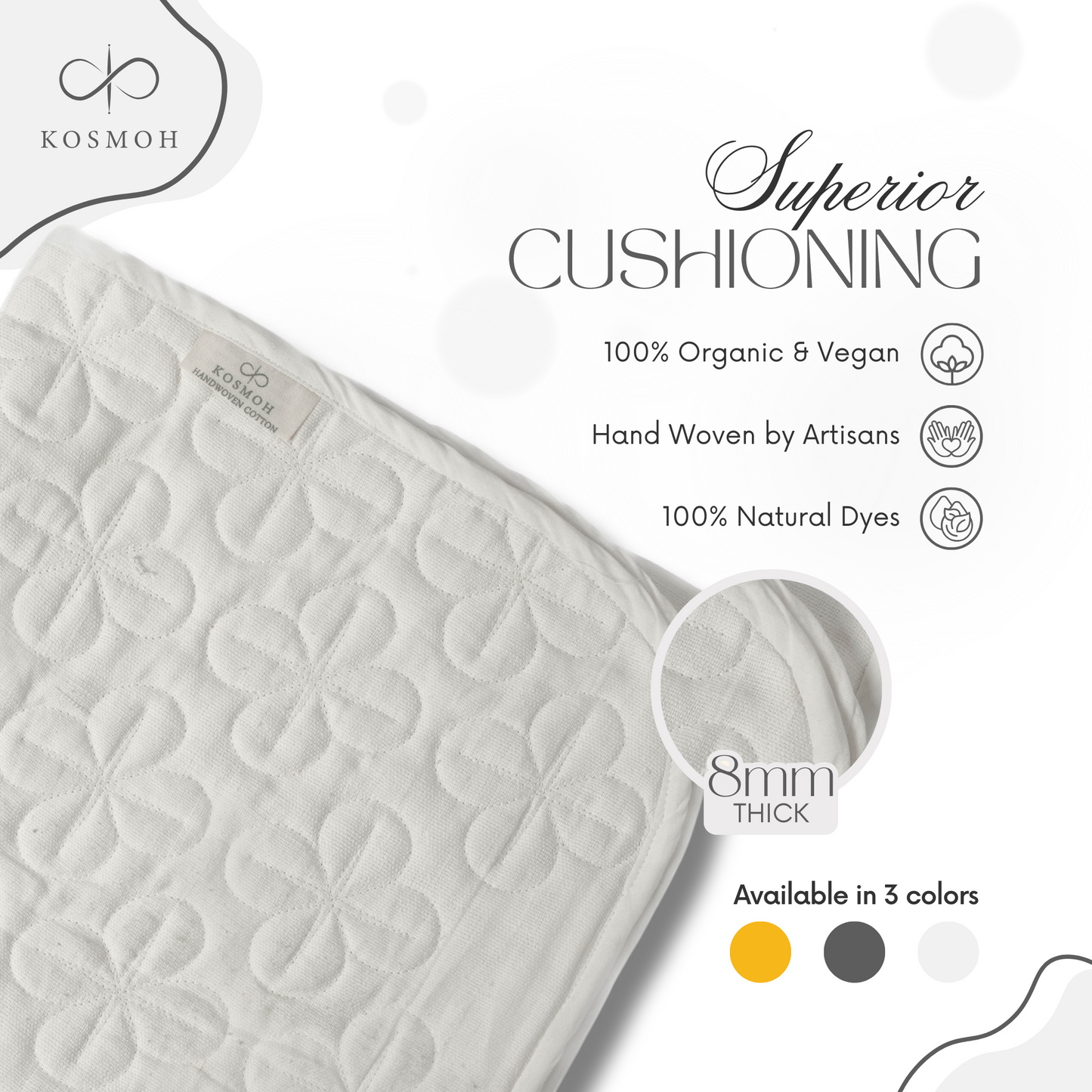 100% Kosmoh Organic Cotton Meditation Mat - WHITE