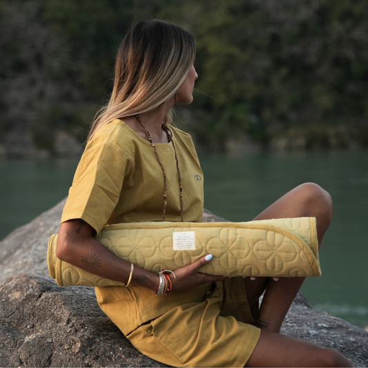 Kosmoh 'Anaar Chilka' herb-infused foldable Yoga & Meditation Mat - Sage Yellow, 100% Organic Handspun & Handwoven Khadi Cotton Yoga Mat I Sustainable & Eco-friendly