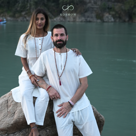 Kosmoh Serene White Coord set- pure cotton meditation & yoga wear, Unisex