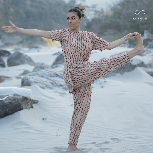 "Kosmoh 100% Organic Cotton Coord Set - Deep maroon - Tranquility waves ( Set of top & pants ) "