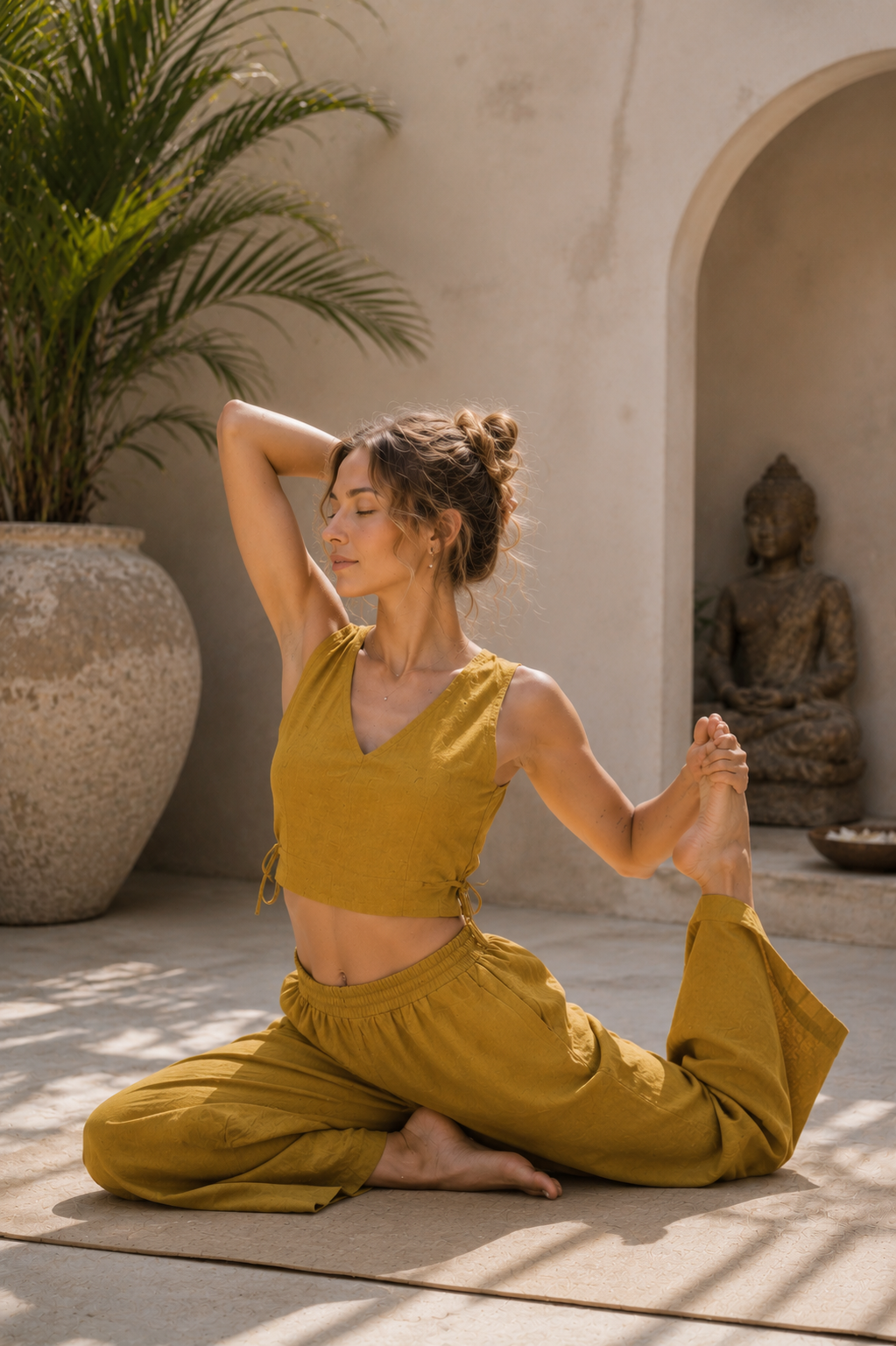 Kosmoh Women's Organic Cotton Yoga Co-ord Set – Adjustable V-Neck Top & Relaxed Straight Pants